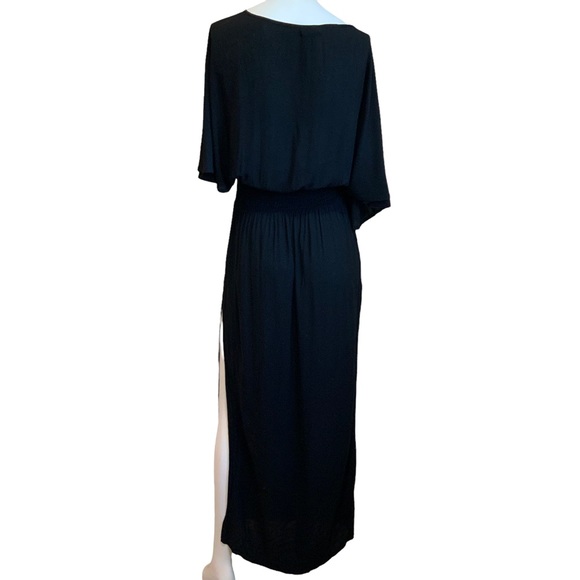 Indah Black Rayon Maxi Dress Elastic Smocked Waist High Side Slits sz XS - Picture 5 of 10